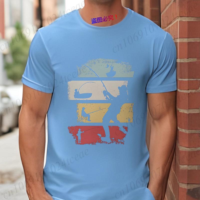 Vintage Fishing Men's T-Shirts Retro Color Block Fisherman Silhouette Graphic Tees Casual Short Sleeve Tops Oversized Clothing