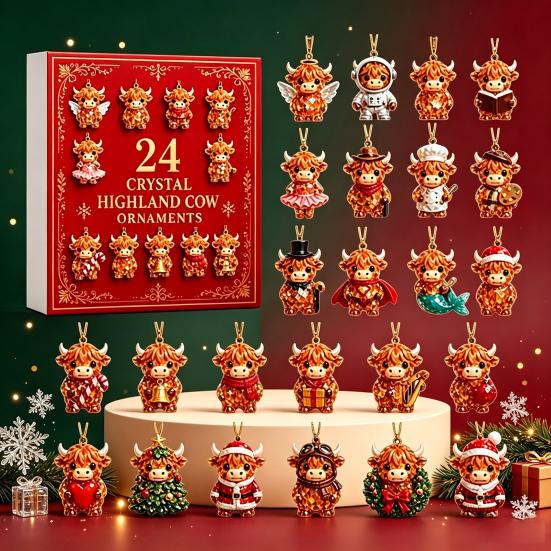 Creative Advent Calendar Gift Highland Cow Calendar, 24 Pcs Acrylic Hanging Ornaments for Christmas Holiday Countdown Box Tree Decoration, Festive