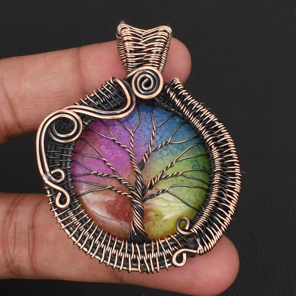Rainbow Solar Quartz Gemstone Tree of Life Pendant Handmade Copper Wire Wrapped Boho Necklace Healing Crystal Jewelry