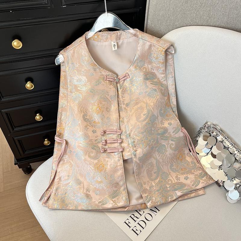 

2025 Винтажный жилет Женский Весенний Атласный Жаккардовый Жилет Топ без рукавов с круглым вырезом 3XL ([Recommended 138-75kg])