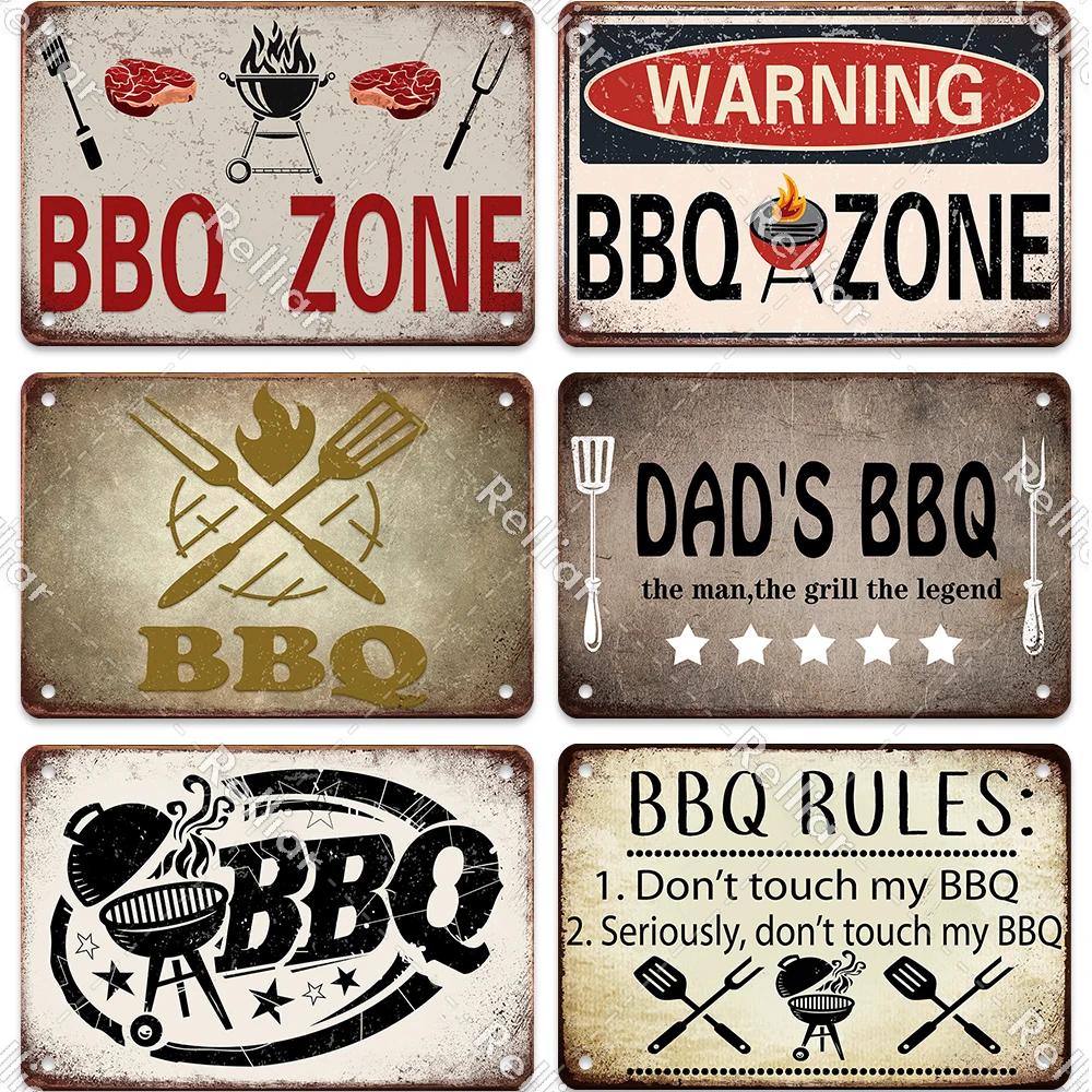 BBQ Party Metal Tin Plaque Retro Yard Garden Wall Decoration Signs Marked Barbecue Rules Slogan Plate Vintage Grill Poster