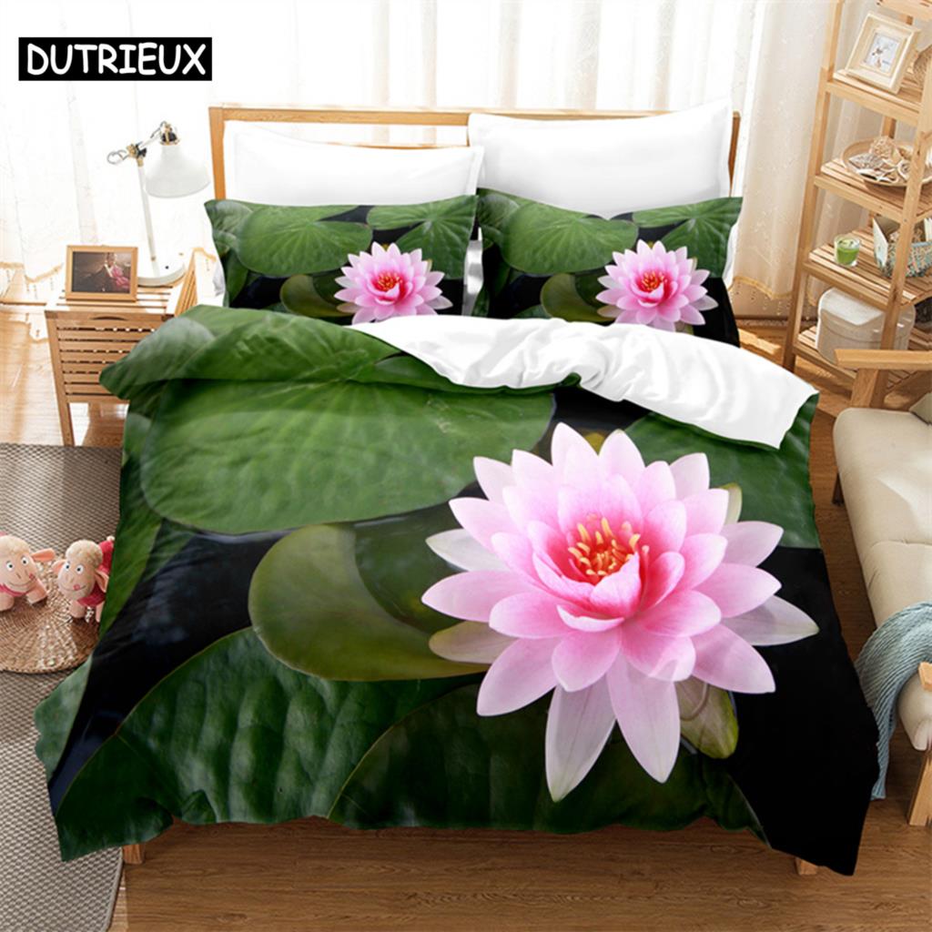 Pink Lotus Queen Bedding Set Green Duvet Cover Set Kids Bedding Digital Printing Bed Linen King Size Duvet Cover Set Bedding Set