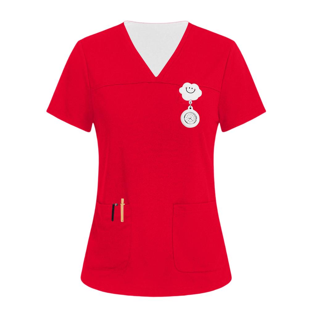 Women's V-neck Three-pocket Short-sleeved  Uniform/caregiver Top With Slits At The Hem