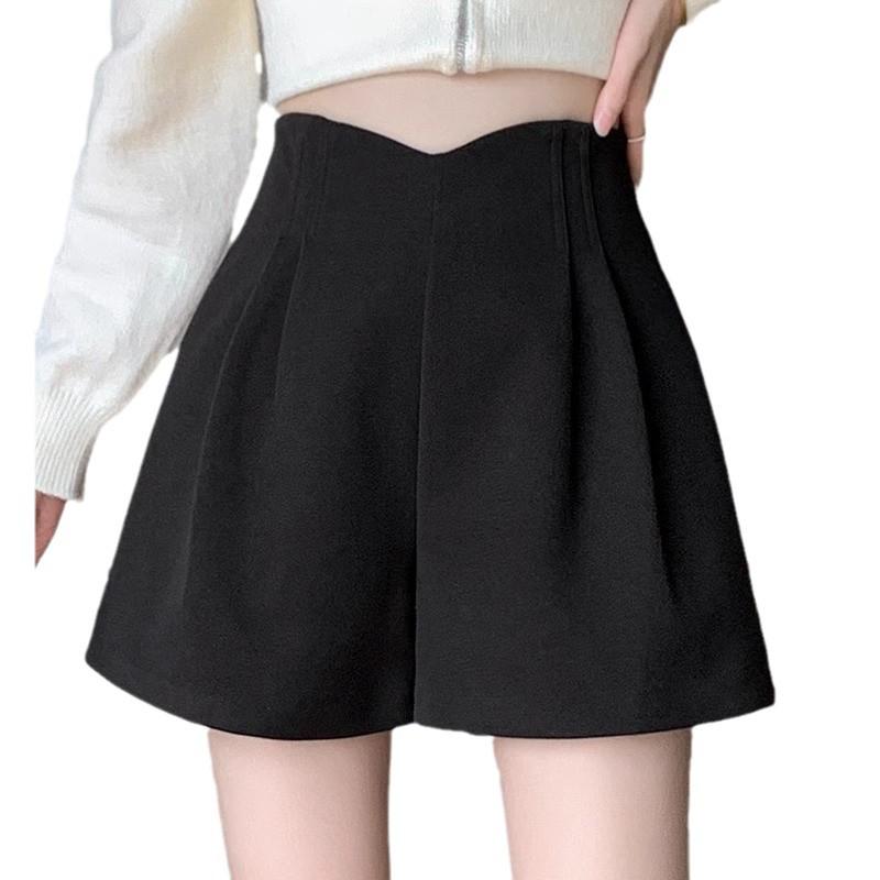 Women's High Waist Woolen Wide-Leg Shorts, Autumn/Winter 2024 Collection - Versatile Casual Wear, Available in Small to Plus Sizes.