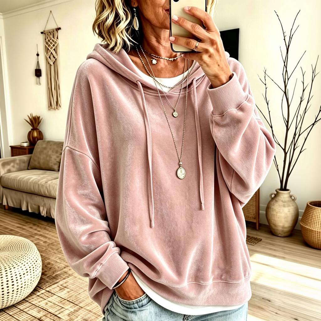 Women's Velvet Hooded Sweatshirt Casual Color for Fall Winter