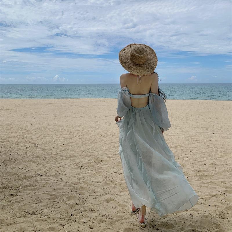 Seaside Vacation Smudged Neck Dress Female Backless Design Sense Yunnan Travel Wear Fairy Long Dress Zixia
