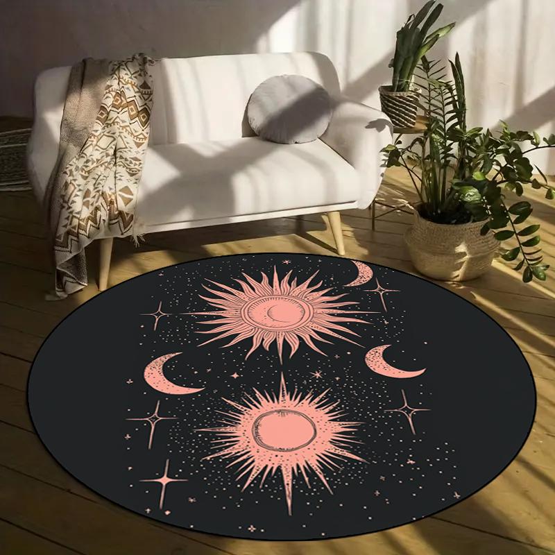 1 Stück runder Teppich mit Himmelsmotiv (Sonne, Mond, Sterne), Kristall-Samtstoff, geeignet für Schlafzimmer- und Wohnzimmerdekoration