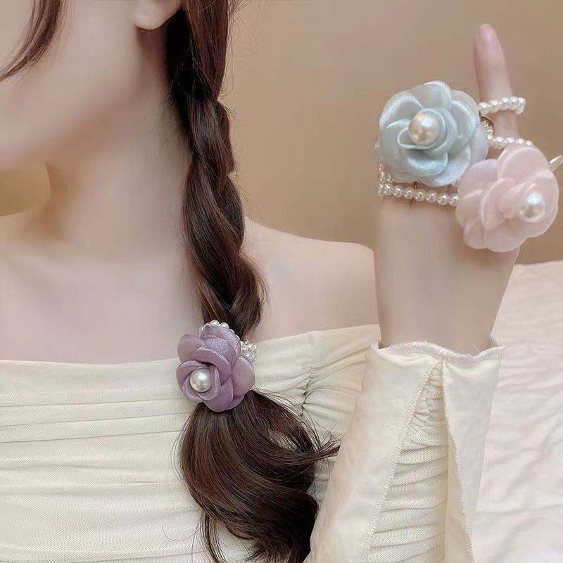 Korean White Camellia Flower Pearl Hair Rope For Women Sweet Elastic Ponytail Hair Holder Scrunchie Hair Accessories