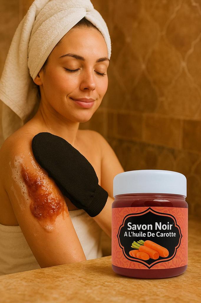 Moroccan Black Soap with Carrot Extract 200g + Kessa Glove – Glow & Radiance Skincare Set