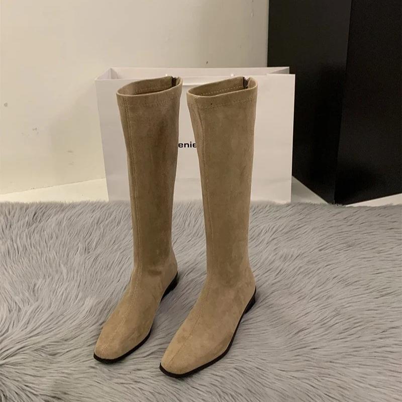 Quality Women Boots Luxury Suede Casual Boots Designer Square Head Slim Long Booties Vintage Women Knee High Boots Bottes Femmes