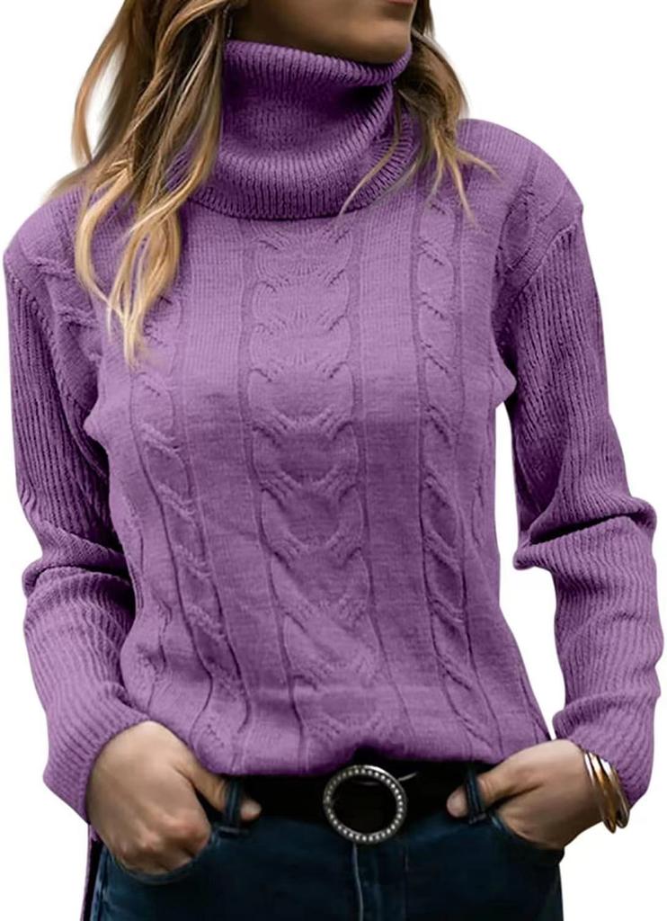 Retro Women's Fall/Winter Solid Color Turtleneck Cable Knit Pullover Sweater Thick Warm Relaxed Slimming Long Sleeve Top