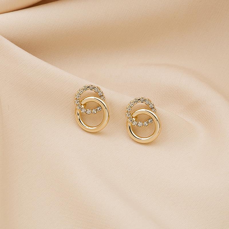 Brincos de Metal Dourado com Cristais em Forma de Gota Dupla Círculo Simples Coreanos Para Mulheres Moda Pequenos Pendientes Joias Melhores Amigas Presentes