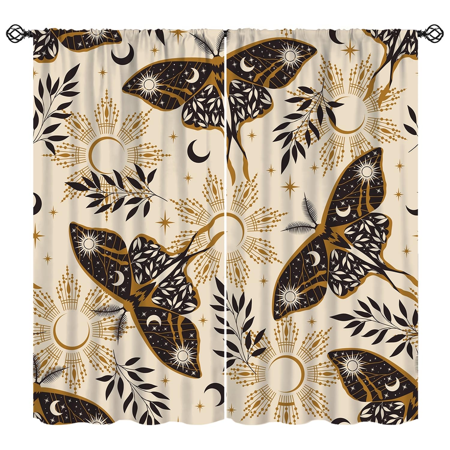 Beautiful Moth Curtain, Moon Phase Plant Mushroom Butterfly Gothic Witchy Celestial Boho Aesthetic Window Curta 53x116cm 2pc21x46in