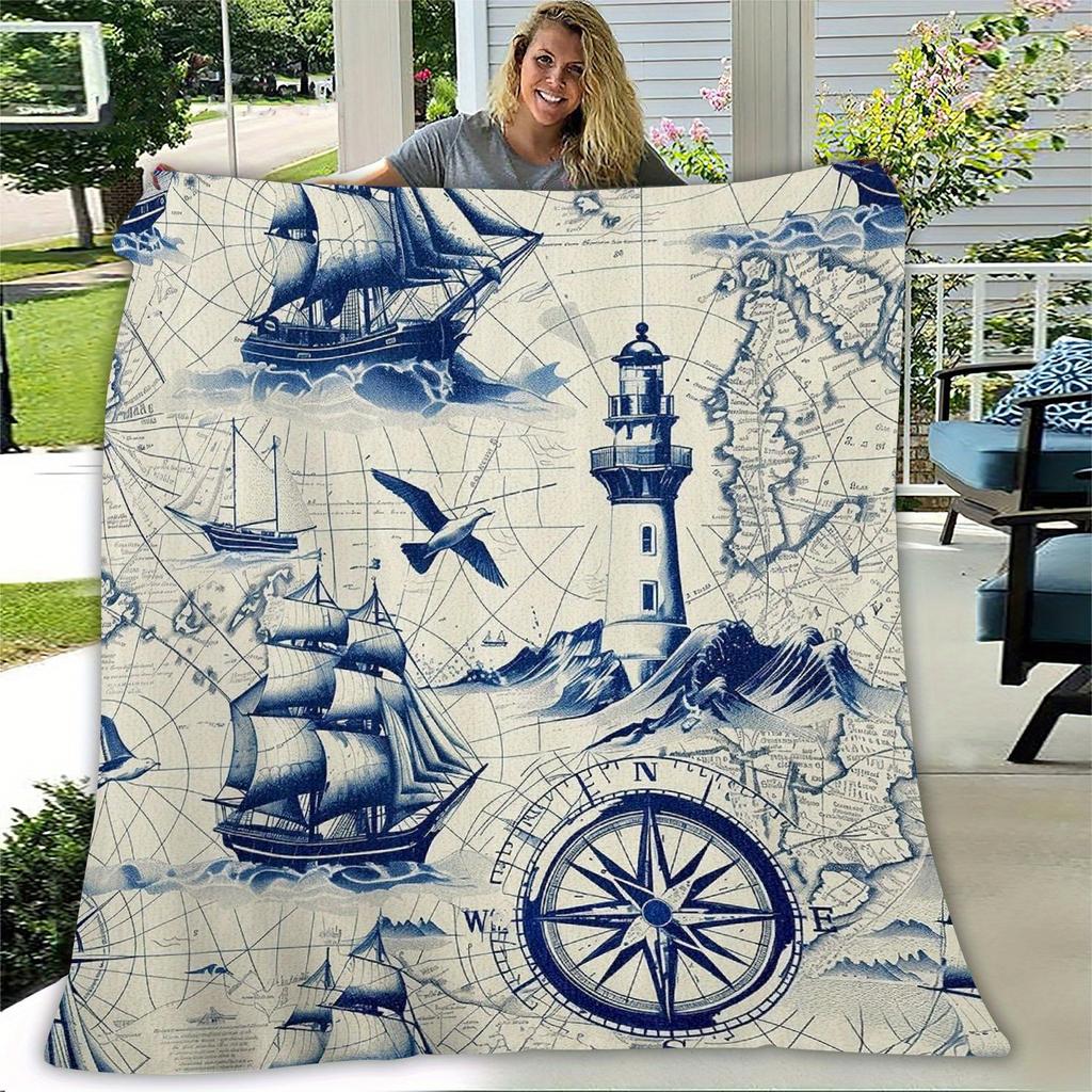 1pc Nautical Ship Lighthouse Steering Wheel Theme Flannel Throw Blanket, Soft & Warm Plush, Ultra Cozy, Perfect for Living Room