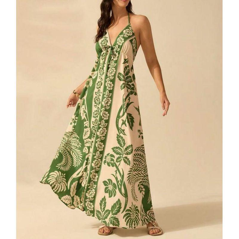 

European American Summer New Fashion Sexy Sling Positioning Print Dress Women Green L