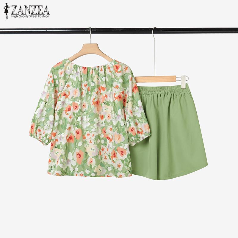 ZANZEA Women Half Sleeve Floral Blouse and Shorts Summer Two Piece Suit Sets