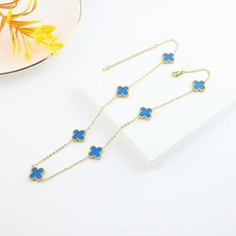 Seven-flower Four-leaf Clover Necklace - Women's Fashionable and Elegant Titanium Steel Sweater Chain