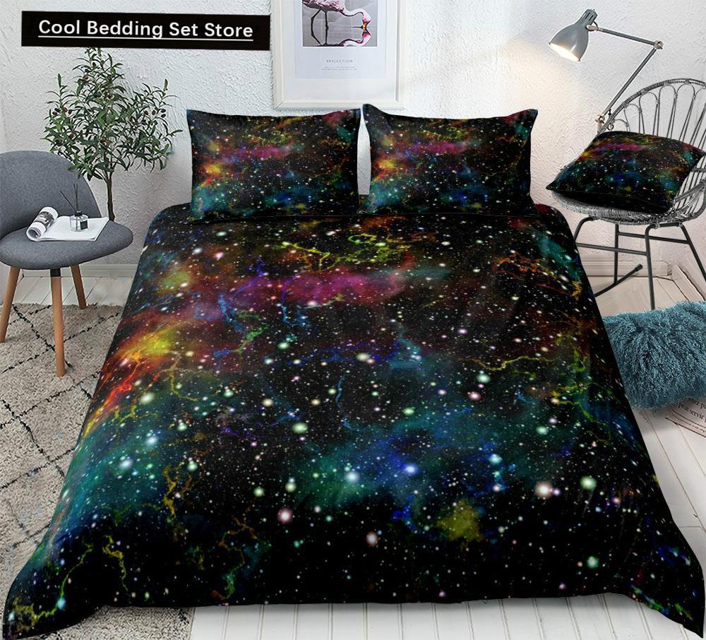 Starry Sky King Queen Duvet Cover Colorful Galaxy Bedding Set Outer Space 2/3pcs Quilt Cover Glitter Polyester Comforter Cover