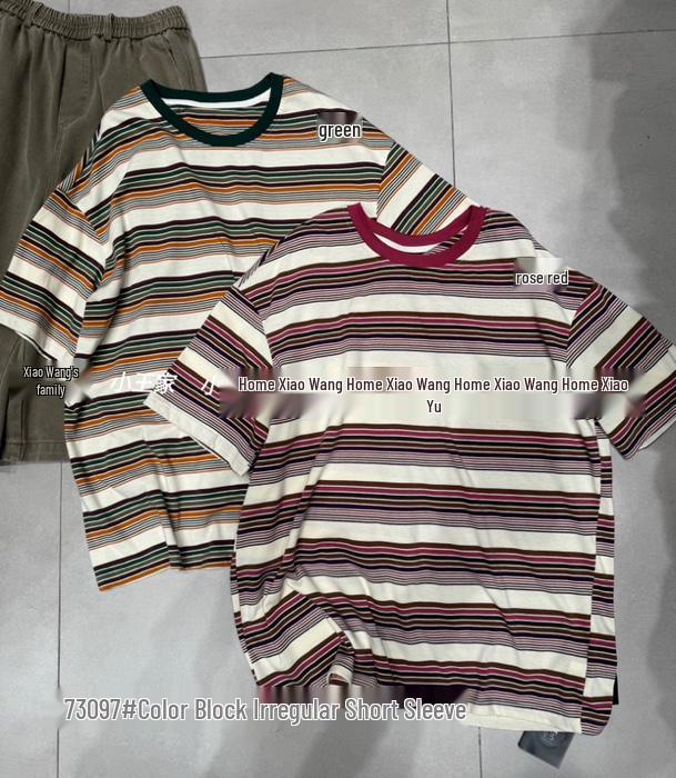 

Новая футболка в корейском стиле от Сяо Вана большого размера, повседневная, в полоску One Size зелёный