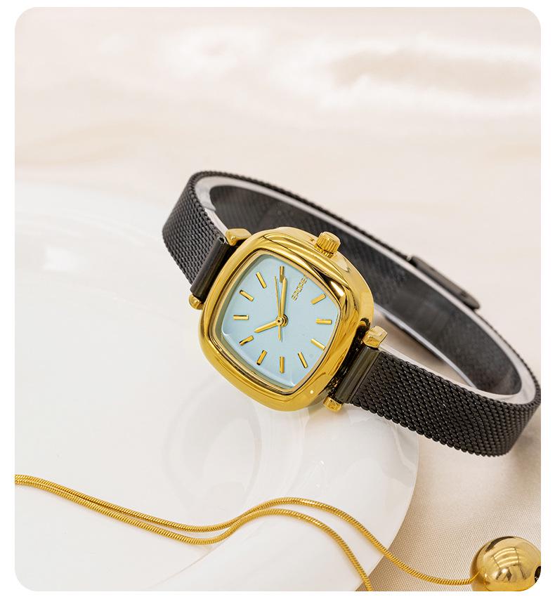 Sleek Black Gold Small Square Quartz Watch, Versatile Steel Band, Waterproof Casual Design