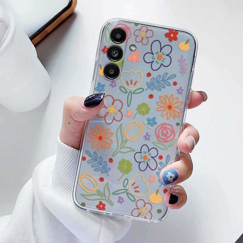 Transparent Case For Samsung Galaxy A24 A17 A16 A56 A55 A54 A06 4G Cover Cartoon Flowers Soft Clear Shockproof Funda Face Capa