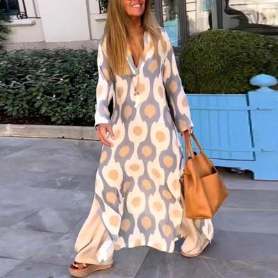 Damska sukienka maxi z nadrukiem dekolt w szpic rozcięcie kontrastowy kolor długie rękawy odzież na co dzień V Neck Lapel Lady letnia sukienka ubrania damskie