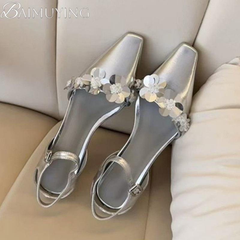Flower Women Heeled Sandals Summer Square Toe High Heels Shoes Woman Slingback 2025 Trend Pumps Shallow Dress Sandalias Mujer