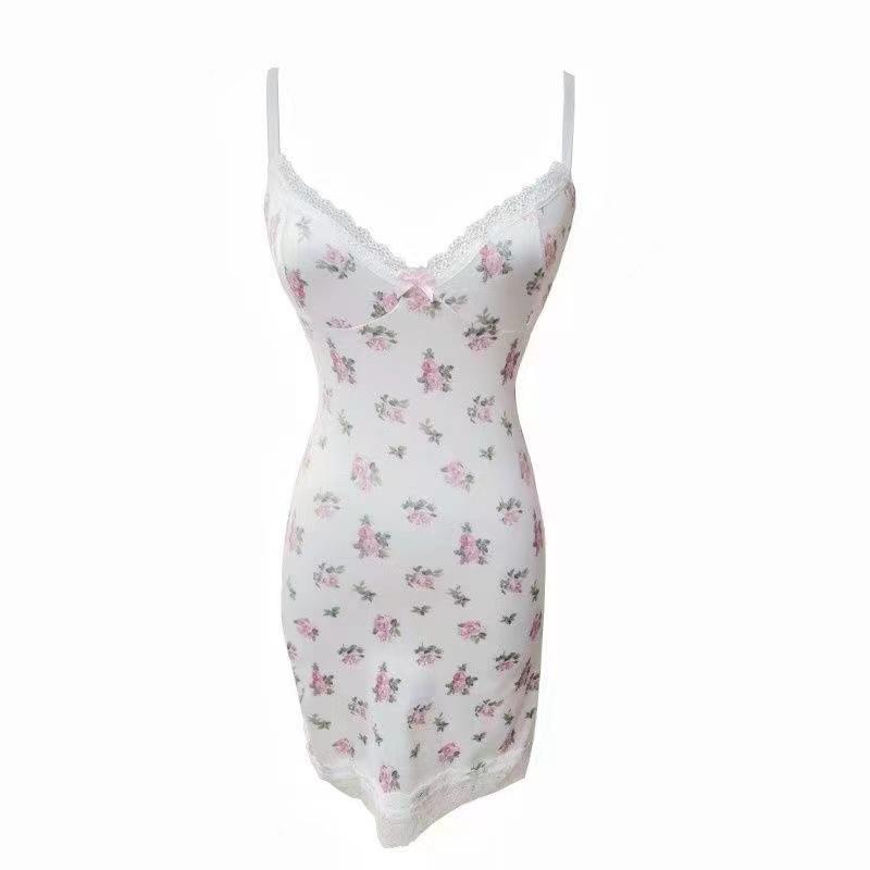 Coquette Aesthetic Spaghetti Strap Lace Floral Dress Sweet Night Dresses Beach Holiday Casual Robe Sexy