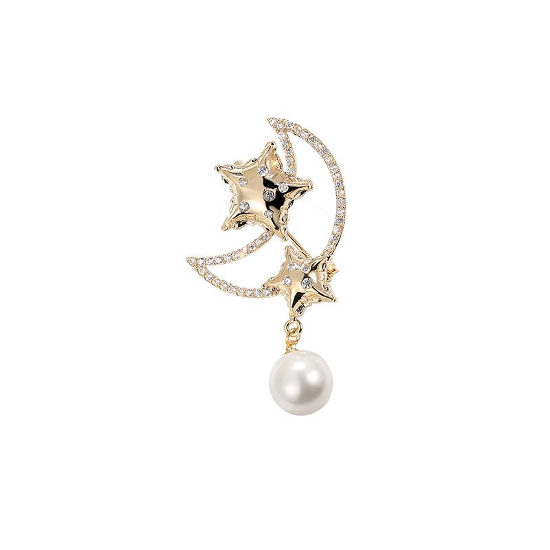 Elegant Moon Brooch with Zircon and Pearl Star Pin