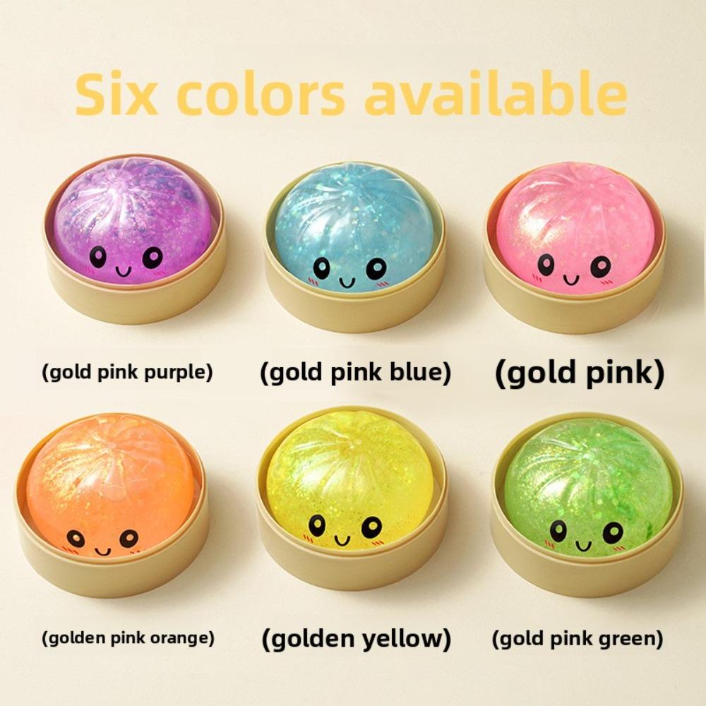 Cartoon Smiley mit Glitzer gefülltes Squishy Brötchen Spielzeug, Langsam zurückfederndes Fruchtmarmeladen-Stressabbau-Brötchen mit Farbkastenverpackung