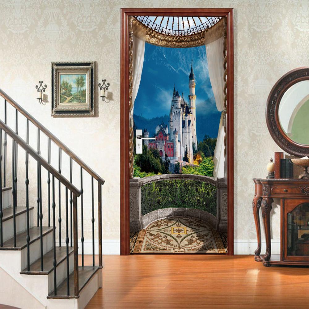 3D Door Mural Sticker Peel and Stick Door Wallpaper Golden Buddha Castle Moon Mermaid Flower Home Decor Removable