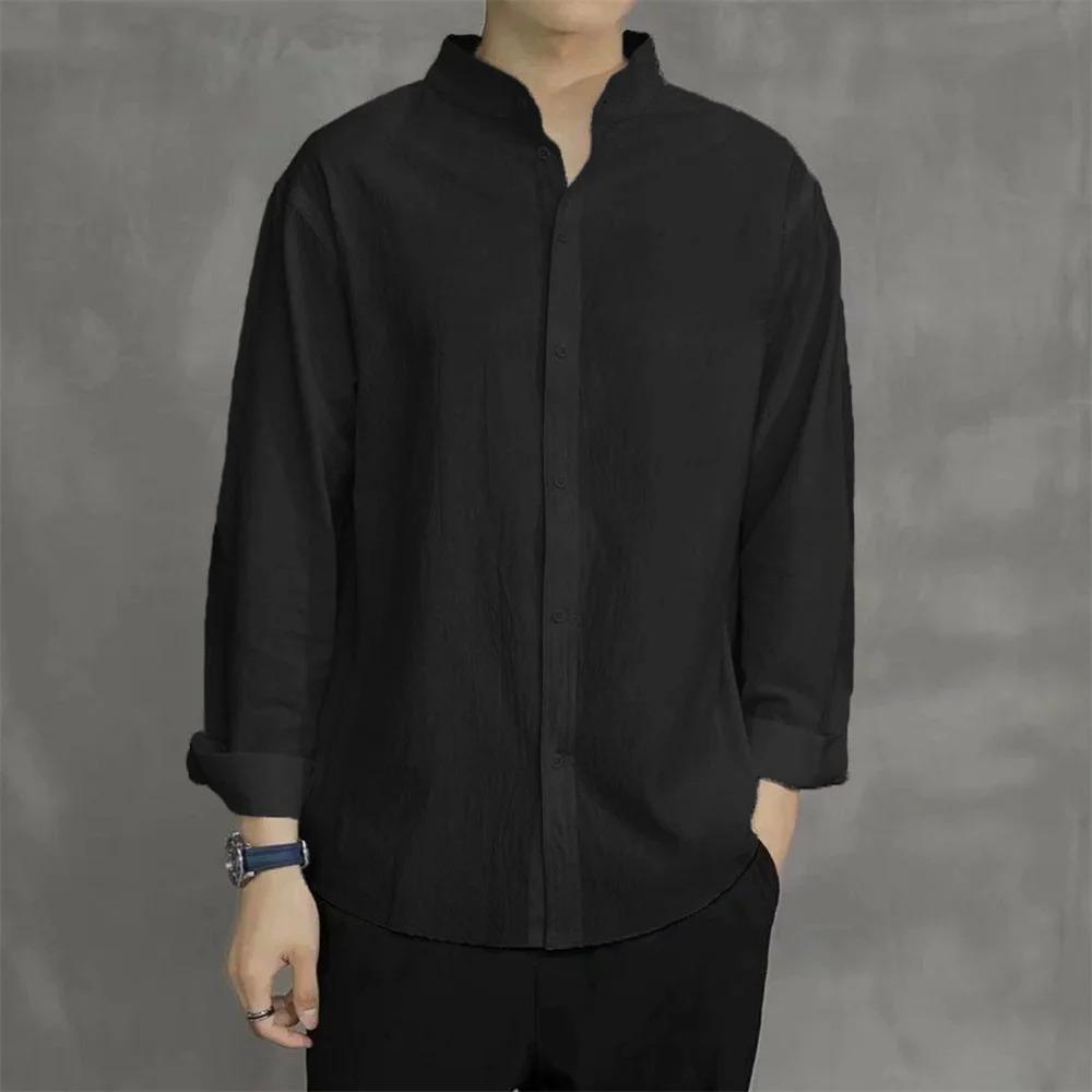 

Весна Осень Мужская Рубашка Длинный Рукав Однотонная Хлопок Лен Хенли Воротник Одинарная Дышащая Корейский Стиль Мода Мужской Топ XXXL чёрный