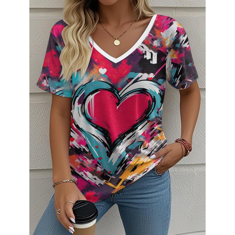 Sommer Liebe Herz 3D Druck T-Shirt Damen Streetwear Lässige T-Shirts Y2k Oberteile Frau Harajuku V-Ausschnitt T-Shirts Übergroße Kleidung