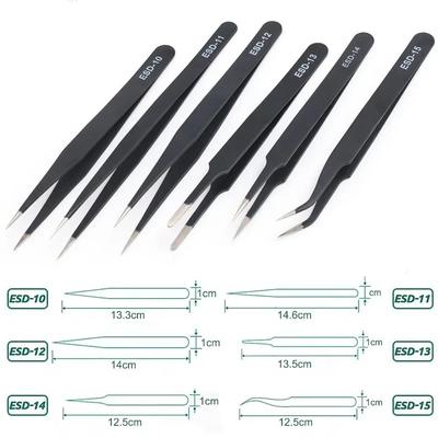 Anti Static Curved Tweezers ESD Safe Stainless Steel Bent Tip for SMT Component PCB Rework Watch and Mobile Phone Repair Tools