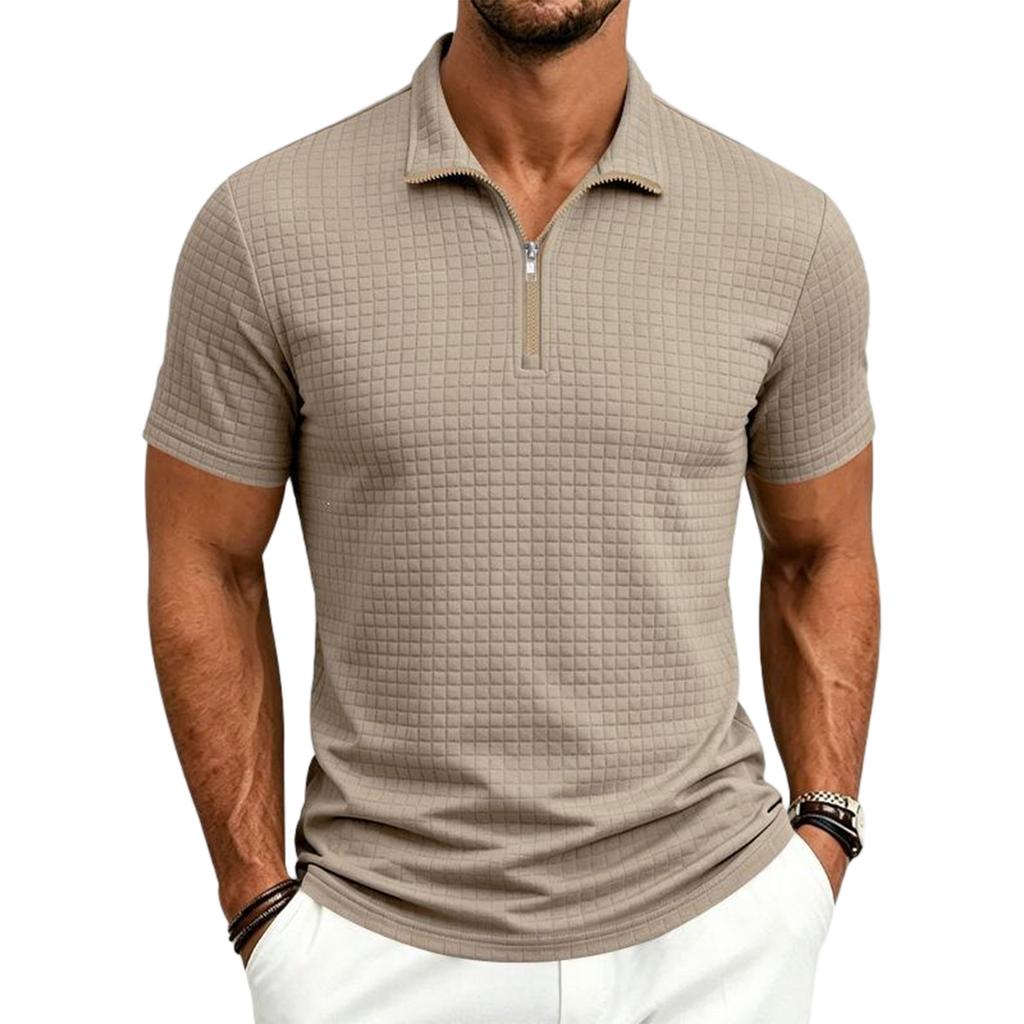 Men's Plaid Half-Zip Short Sleeve Shirt with Fabric for Summer Business Casual Wear