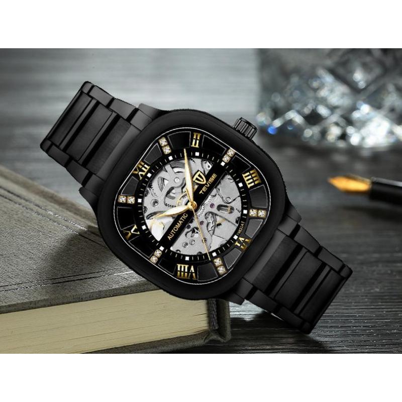 TEVISE Automatic Mechanical Watches for Men Stainless Steel Waterproof Skeleton Watch Square Dial Luminous Fashion Business Wristwatch