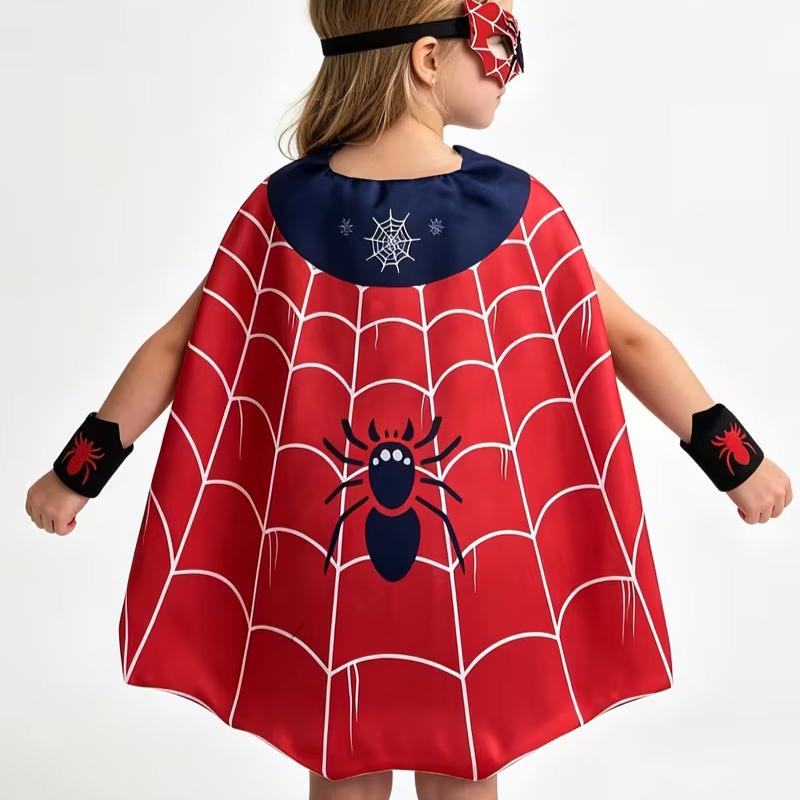 Spider-Man Children Cape Mask Set Halloween Cosplay Super Hero Costume Unisex Kids Performance Outfit Red Black Spiderman Costume Accessory