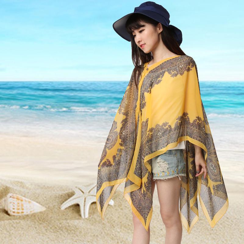 Beach Sun Protection Shawl Women Clothes Summer Beach Bikini Cover Up Loose Chiffon Blouse Shawl Scarf With Buttons