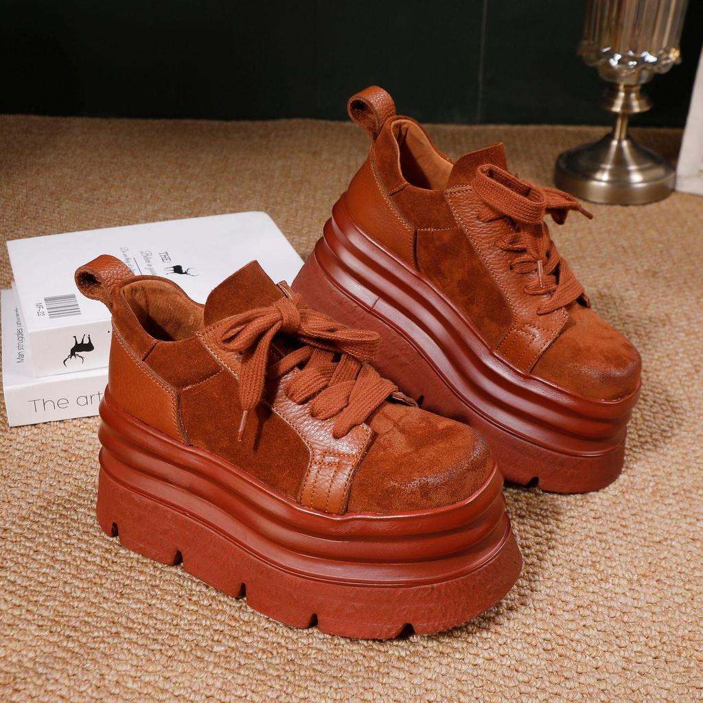 2025 Autumn/Winter Women's Cowhide Platform Lace-up Casual Shoes