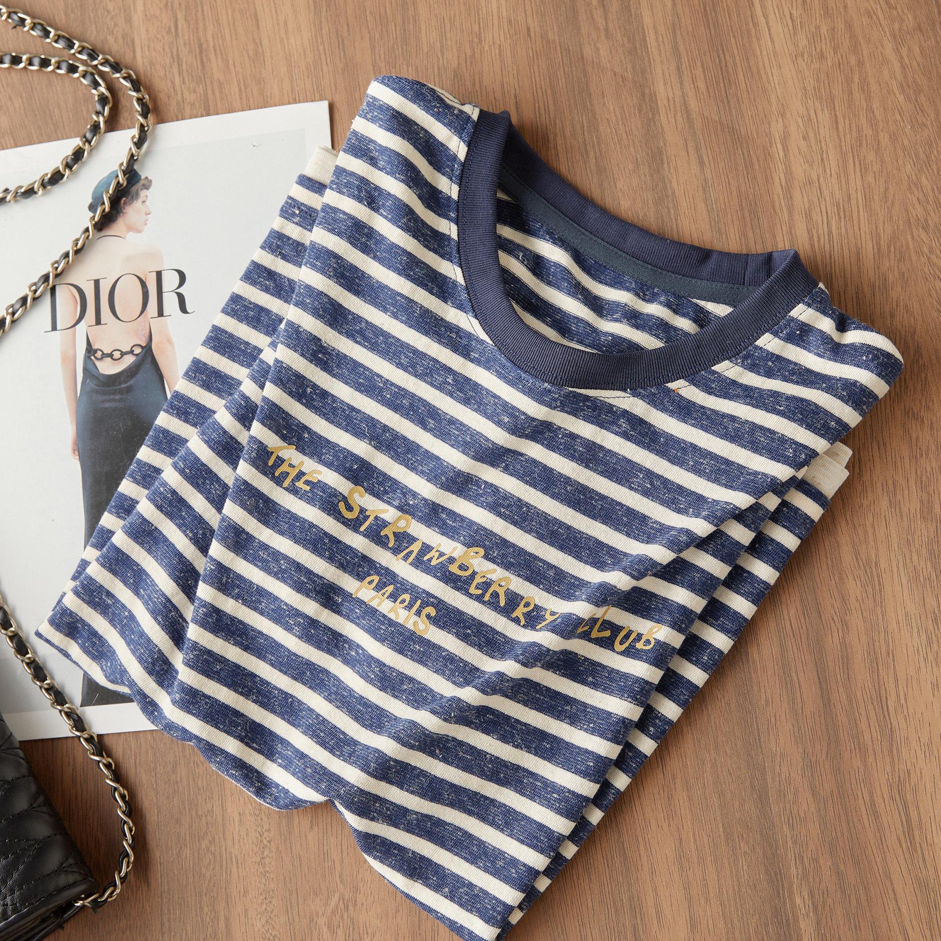 

Women s Summer T-Shirt: Color-Block Stripes, Letter Print, Breathable Linen-Cotton, Round Neck, Short Sleeve - Model H031003 L білий/синій