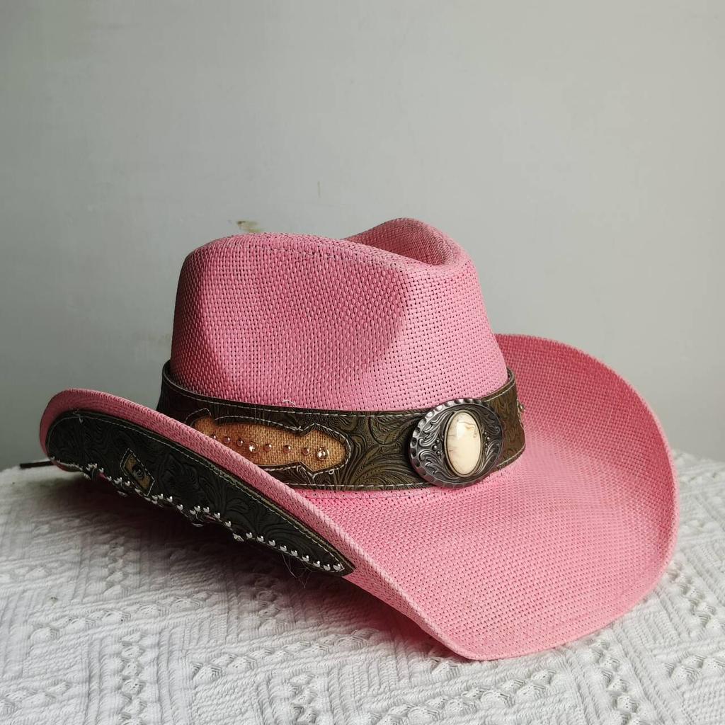 Melesh Western Cowboy Hat Summer Women's Straw Cowboy Hat Pearl Accessories Wide Brim Sun Protection Beach Western Cowboy Hat
