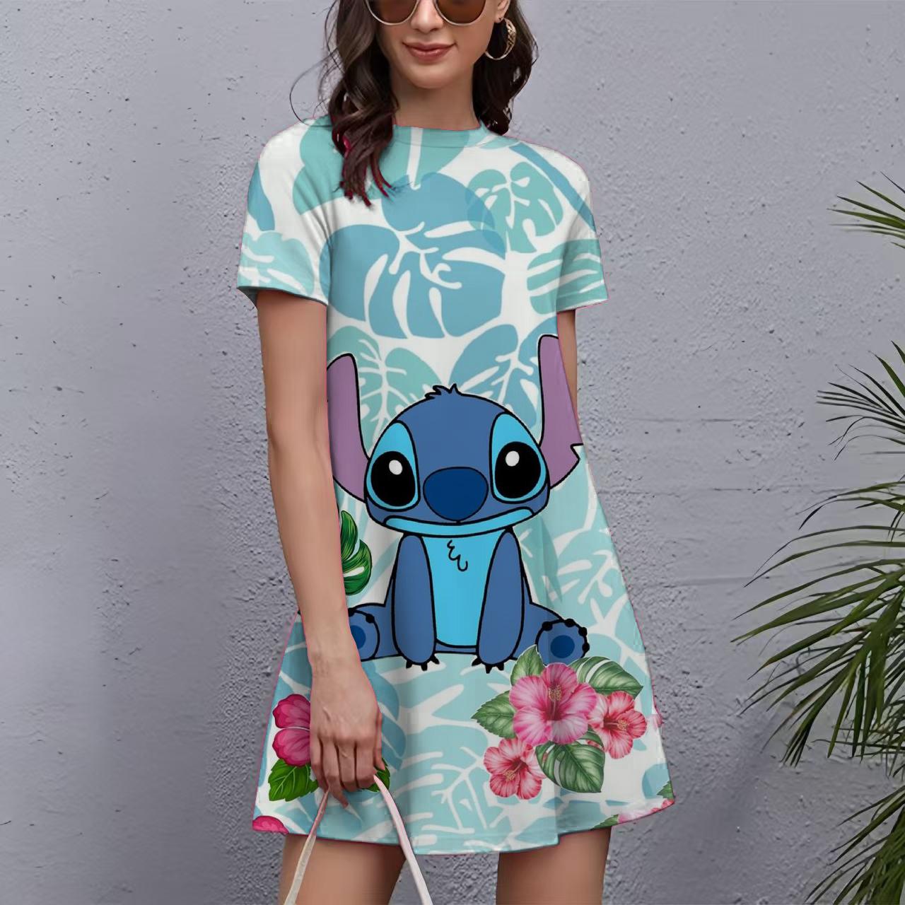 Šaty s potlačou Stitch pre ženy 2025 Nový rok Krátke rukávy O-výstrih Šaty Oversized Dámske Vianočné Zábavné Dámske Párty šaty L