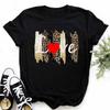 Leopard Love Heart Print Women Fashion T Shirt Black Female Short Sleeve Graphic Tops Women Sleeved Harajuk Streetwear Casual