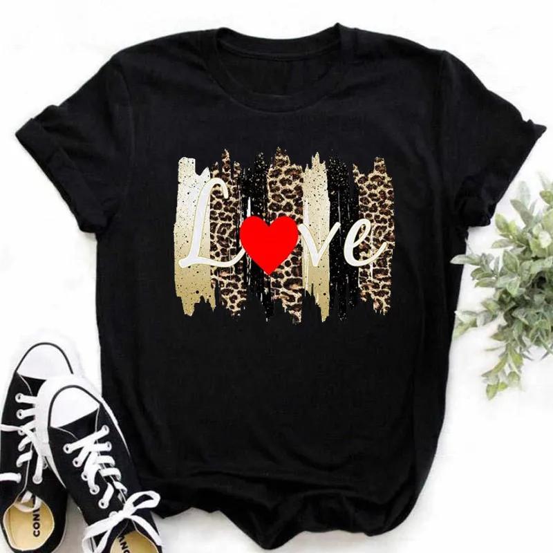 Leopard Love Heart Print Women Fashion T Shirt Black Female Short Sleeve Graphic Tops Women Sleeved Harajuk Streetwear Casual