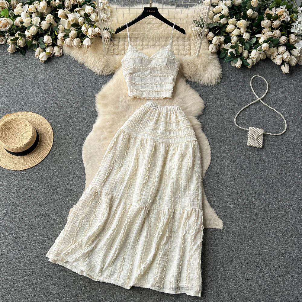 Korean Style Sweet Lace Skirt Two Piece Set Women Summer V-neck Tank Top A-line Long Skirts Beach Outfits