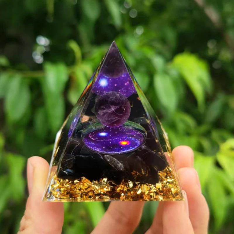 6cm Energy Pyramid Orgonite Reiki Natural Amethyst Ball Healing Crystal Chakra Tool Ornaments Resin Stones Home Decoration Gifts