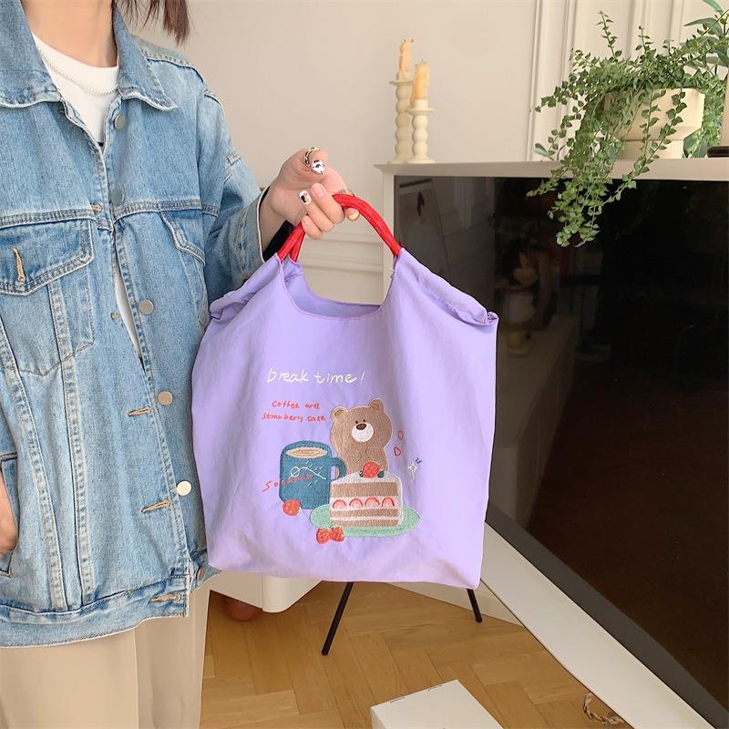 Embroidered shopping bag girls tote bag cute shopping bag student class bag shoulder bag