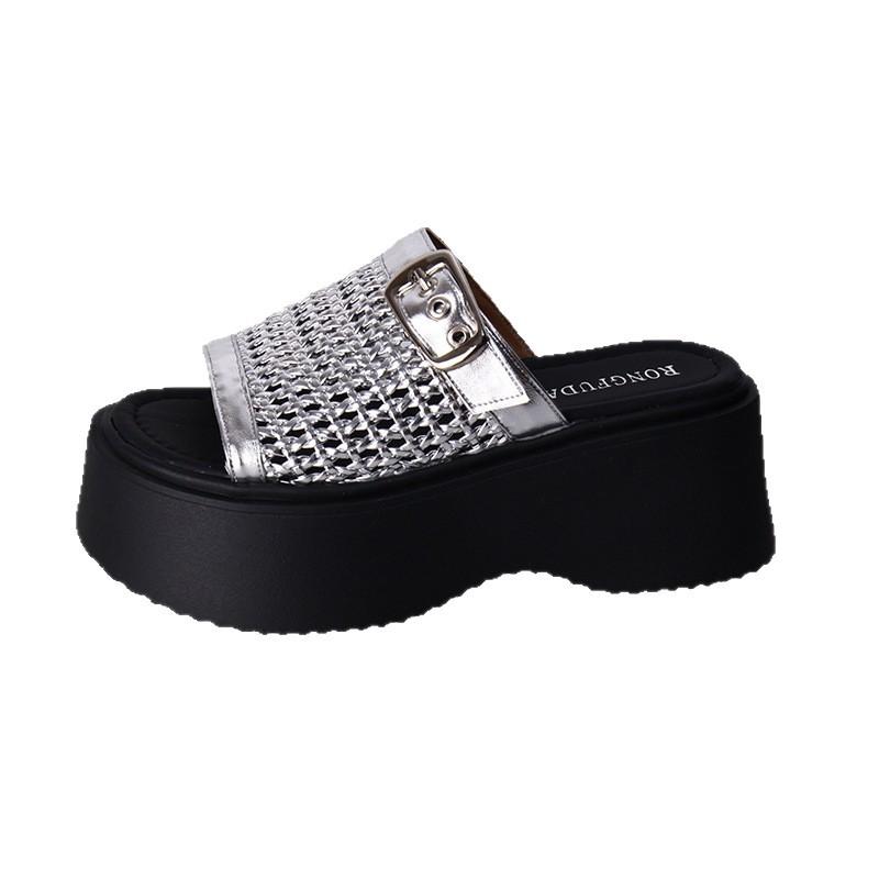 Thick-soled Heightening Slippers Women's 2025 New Summer Outer Wear Weaving High-end Feeling One Pedal One Word Beach Sandals Tide