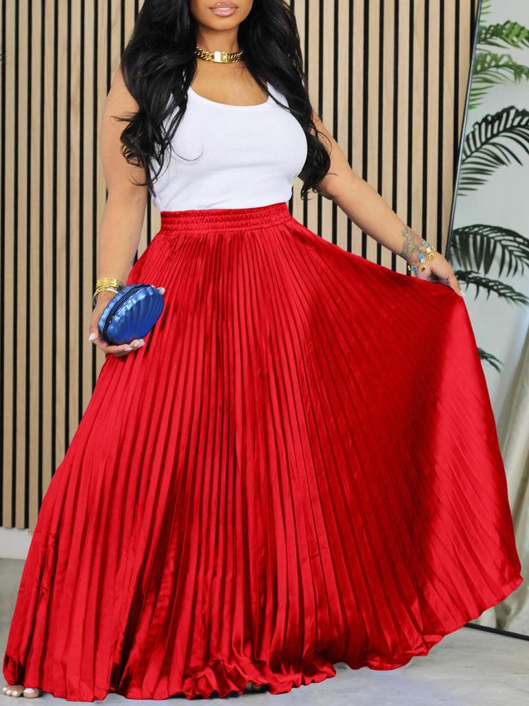 Women's Large Size High Waist Pleated Long Skirt - European & American Style