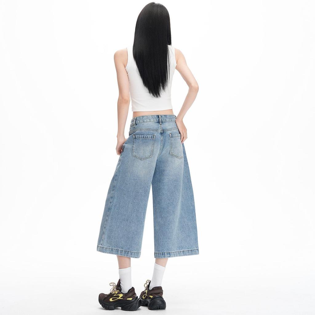 Trendy Summer Vintage Loose Straight Cropped Capri Denim Pants For Women Versatile Slimming AllMatch Basic Denim Bottoms